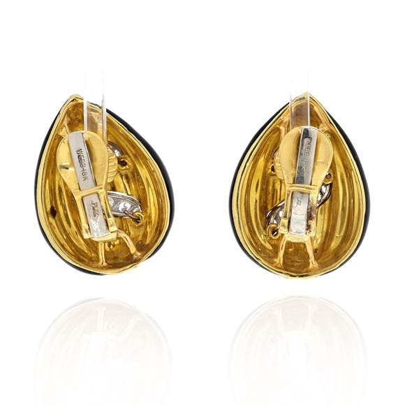 David Webb Black Enamel, Striped And Diamond Tear Drop Clip Earrings - Picture 3 of 4